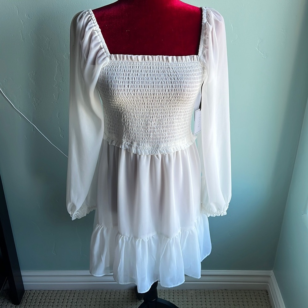 1. State Smock Bodice Ruffle Hem Long Sleeve Minidress